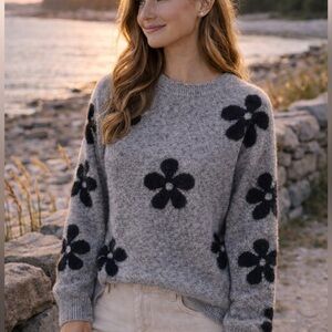 Mod Gray Floral Knit Sweater | Black Flower Detail | Relaxed Fit